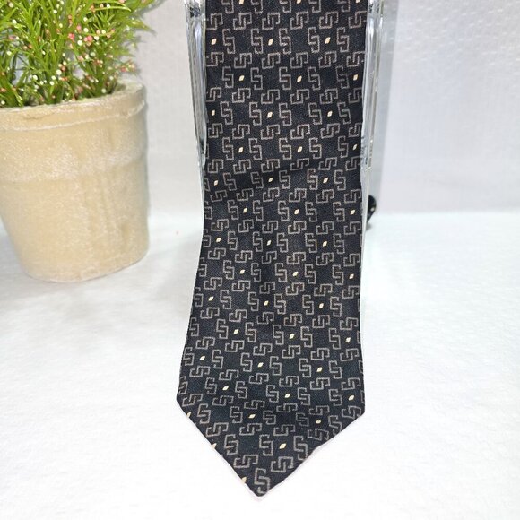 VALENTINO 100% SILK TIE MENS BLACK WITH LINK DESIGN IN TAN EXCELLENT QUALITY - Picture 1 of 6